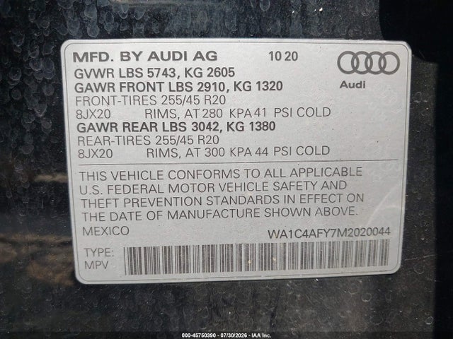 Продаж на аукціоні авто 2021 Audi Sq5 Prestige Tfsi Quattro Tiptronic, vin: WA1C4AFY7M2020044, номер лоту: 45750390