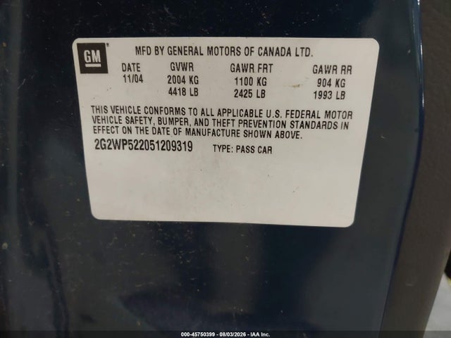 Aukcja sprzedaży 2005 Pontiac Grand Prix, vin: 2G2WP522051209319, numer aukcji: 45750399