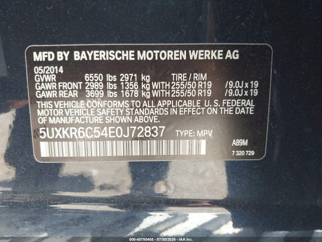 45750408 :رقم المزاد ، 5UXKR6C54E0J72837 vin ، 2014 Bmw X5 Xdrive50i مزاد بيع