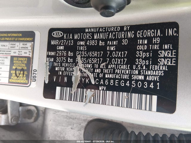 45750441 :رقم المزاد ، 5XYKTCA68EG450341 vin ، 2014 Kia Sorento Lx مزاد بيع