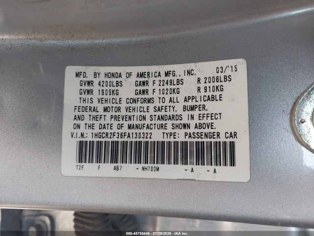 2015 Honda Accord Lx მანქანა იყიდება აუქციონზე, vin: 1HGCR2F36FA130322, აუქციონის ნომერი: 45750446