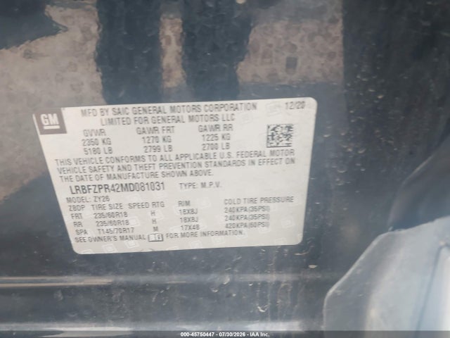 45750447 :رقم المزاد ، LRBFZPR42MD081031 vin ، 2021 Buick Envision Awd Essence مزاد بيع