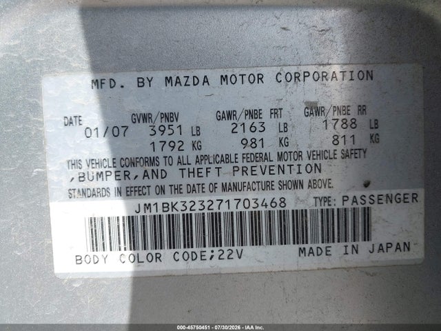 Продаж на аукціоні авто 2007 Mazda Mazda3 S Grand Touring, vin: JM1BK323271703468, номер лоту: 45750451