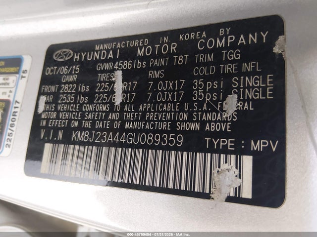 2016 Hyundai Tucson Se მანქანა იყიდება აუქციონზე, vin: KM8J23A44GU089359, აუქციონის ნომერი: 45750454