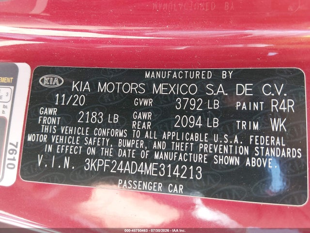 Продаж на аукціоні авто 2021 Kia Forte Lxs, vin: 3KPF24AD4ME314213, номер лоту: 45750463