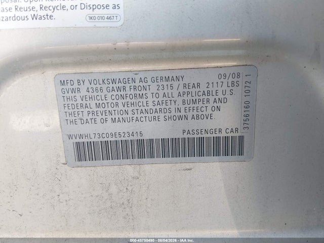 2009 Volkswagen Cc Luxury მანქანა იყიდება აუქციონზე, vin: WVWHL73C09E523415, აუქციონის ნომერი: 45750490