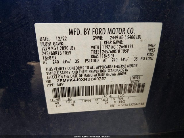 Продаж на аукціоні авто 2022 Ford Edge Sel, vin: 2FMPK4J9XNBB09757, номер лоту: 45750504