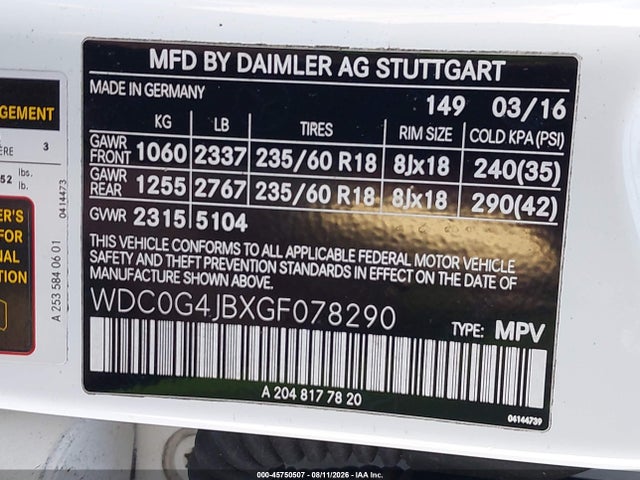 45750507 :رقم المزاد ، WDC0G4JBXGF078290 vin ، 2016 Mercedes-benz Glc 300 مزاد بيع