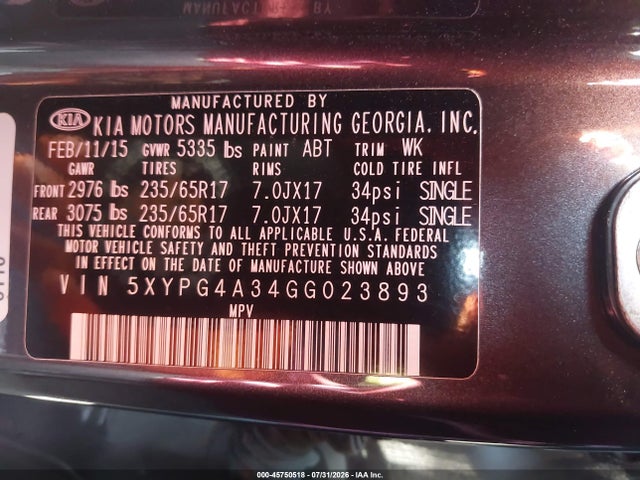 2016 Kia Sorento 2.4l Lx მანქანა იყიდება აუქციონზე, vin: 5XYPG4A34GG023893, აუქციონის ნომერი: 45750518