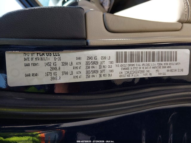 45750520 :رقم المزاد ، 1C4RJECGXGC472998 vin ، 2016 Jeep Grand Cherokee Overland مزاد بيع