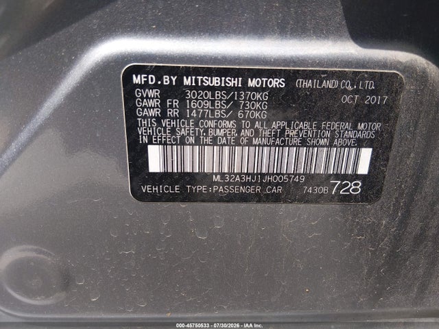 45750533 :رقم المزاد ، ML32A3HJ1JH005749 vin ، 2018 Mitsubishi Mirage Es مزاد بيع