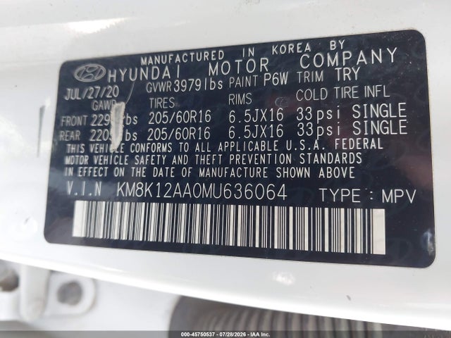 45750537 :رقم المزاد ، KM8K12AA0MU636064 vin ، 2021 Hyundai Kona Se مزاد بيع