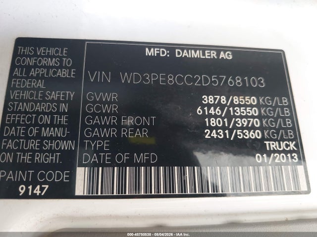 Aukcja sprzedaży 2013 Mercedes-benz Sprinter 2500 High Roof, vin: WD3PE8CC2D5768103, numer aukcji: 45750538
