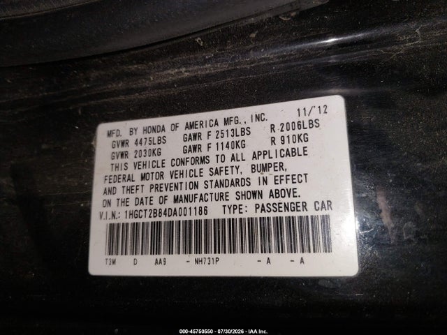 45750550 :رقم المزاد ، 1HGCT2B84DA001186 vin ، 2013 Honda Accord Ex-l V-6 مزاد بيع