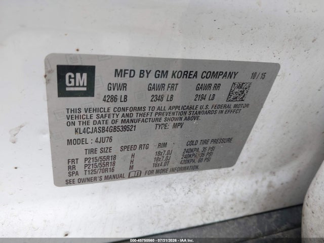 Продаж на аукціоні авто 2016 Buick Encore, vin: KL4CJASB4GB539521, номер лоту: 45750560