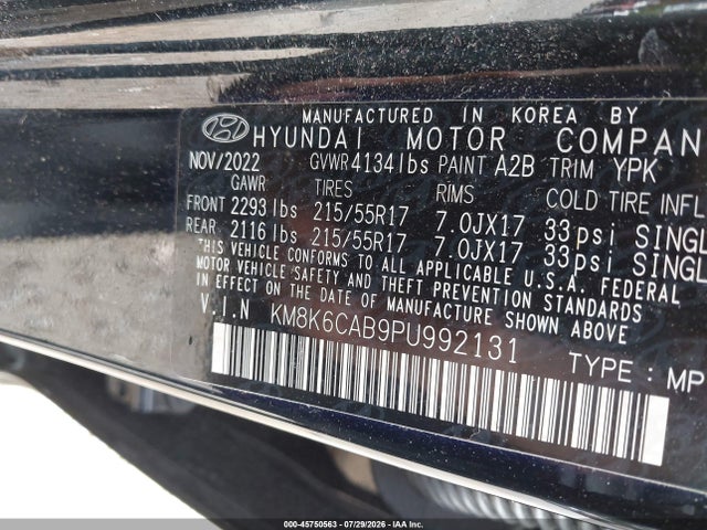 Aukcja sprzedaży 2023 Hyundai Kona Sel, vin: KM8K6CAB9PU992131, numer aukcji: 45750563