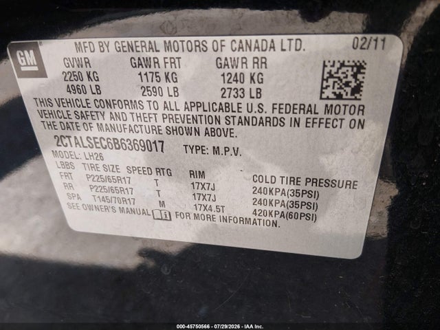 45750566 :رقم المزاد ، 2CTALSEC6B6369017 vin ، 2011 Gmc Terrain Sle-2 مزاد بيع