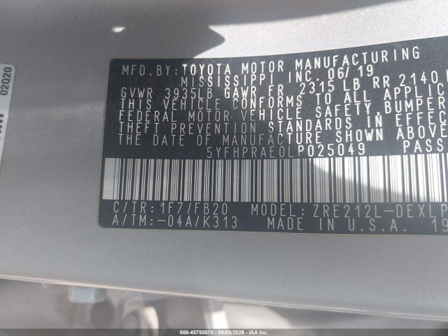 45750570 :رقم المزاد ، 5YFHPRAE0LP025049 vin ، 2020 Toyota Corolla Le مزاد بيع
