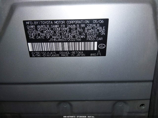 Продаж на аукціоні авто 2007 Lexus Es 350, vin: JTHBJ46G372022766, номер лоту: 45750572