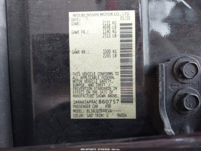 2010 Nissan Maxima 3.5 S მანქანა იყიდება აუქციონზე, vin: 1N4AA5AP4AC860757, აუქციონის ნომერი: 45750579