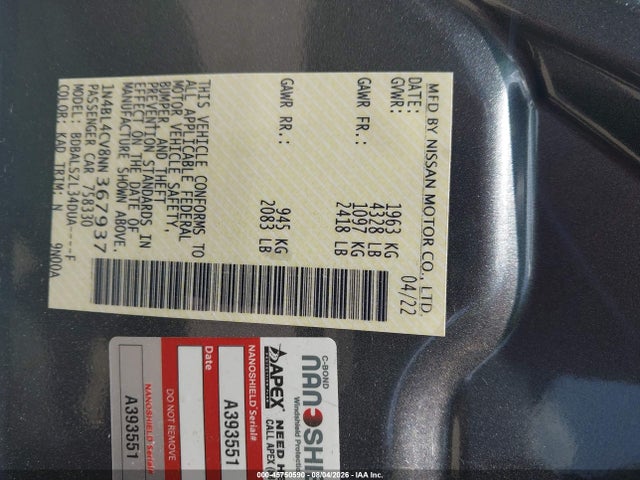 45750590 :رقم المزاد ، 1N4BL4CV8NN367937 vin ، 2022 Nissan Altima Sr Fwd مزاد بيع