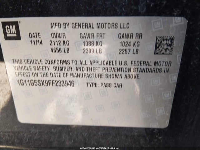 Продаж на аукціоні авто 2015 Chevrolet Malibu 2lz, vin: 1G11G5SX9FF233946, номер лоту: 45750595