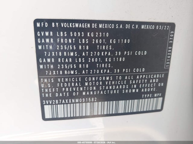 Продаж на аукціоні авто 2022 Volkswagen Tiguan 2.0t Se, vin: 3VV2B7AXXNM091582, номер лоту: 45750599
