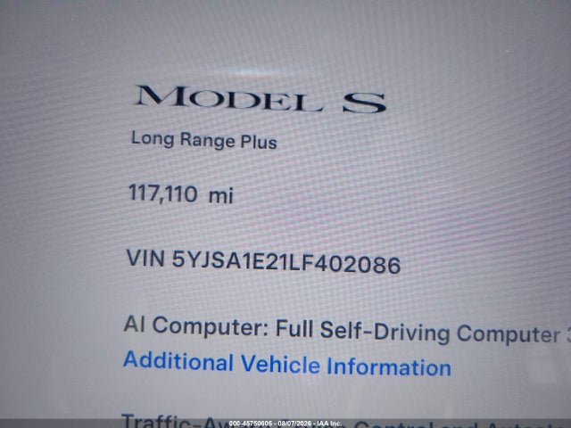 Продаж на аукціоні авто 2020 Tesla Model S Long Range Dual Motor All-wheel Drive/long Range Plus Dual Motor All-wheel Drive, vin: 5YJSA1E21LF402086, номер лоту: 45750605