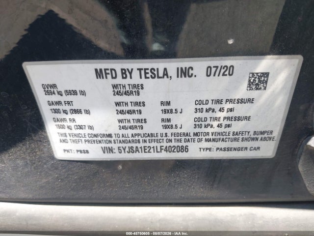 Продаж на аукціоні авто 2020 Tesla Model S Long Range Dual Motor All-wheel Drive/long Range Plus Dual Motor All-wheel Drive, vin: 5YJSA1E21LF402086, номер лоту: 45750605