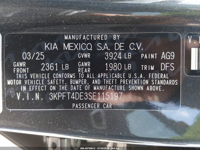 2025 Kia K4 Lxs მანქანა იყიდება აუქციონზე, vin: 3KPFT4DE3SE115197, აუქციონის ნომერი: 45750612