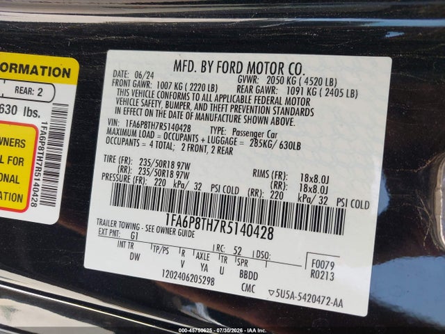 Auction sale of the 2024 Ford Mustang Ecoboost Fastback, vin: 1FA6P8TH7R5140428, lot number: 45750625