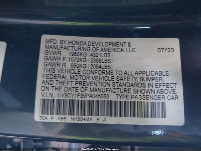 2023 Honda Accord Ex მანქანა იყიდება აუქციონზე, vin: 1HGCY1F39PA045683, აუქციონის ნომერი: 45750626