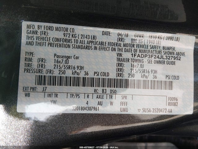 1FADP3F24JL327952 Ford FOCUS SE