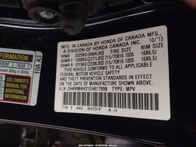 45750628 :رقم المزاد ، 2HKRM4H31EH617998 vin ، 2014 Honda Cr-v Lx مزاد بيع