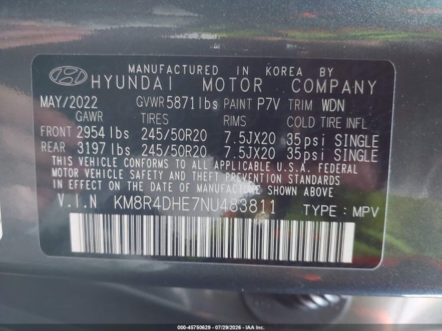 Продаж на аукціоні авто 2022 Hyundai Palisade Sel, vin: KM8R4DHE7NU483811, номер лоту: 45750629