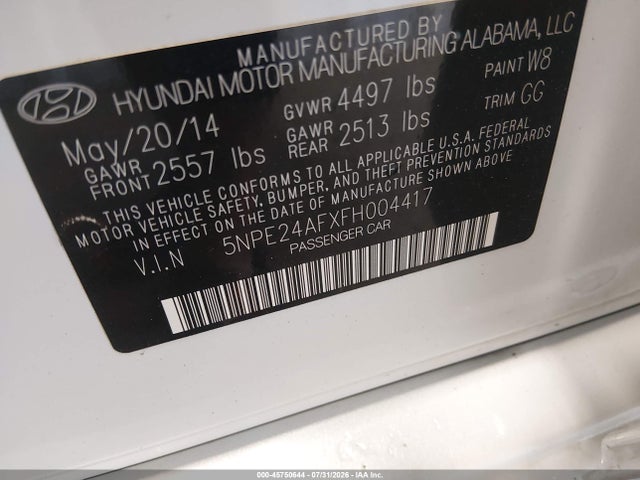 2015 Hyundai Sonata Se მანქანა იყიდება აუქციონზე, vin: 5NPE24AFXFH004417, აუქციონის ნომერი: 45750644