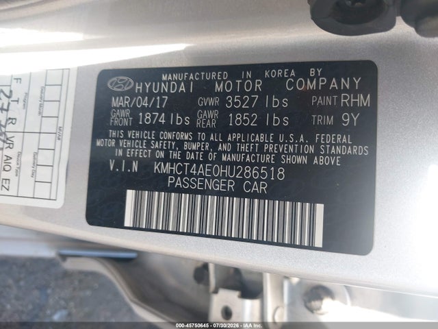 Hyundai ACCENT SE 2017 KMHCT4AE0HU286518 Image 9