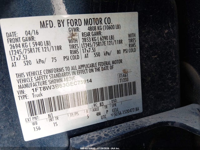 45750648 :رقم المزاد ، 1FT8W3B63GEC75914 vin ، 2016 Ford F-350 Xl مزاد بيع