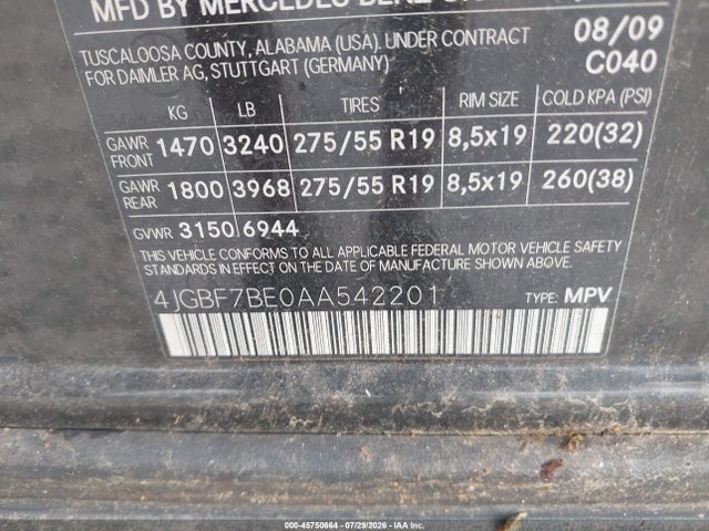 45750664 :رقم المزاد ، 4JGBF7BE0AA542201 vin ، 2010 Mercedes-benz Gl 450 4matic مزاد بيع