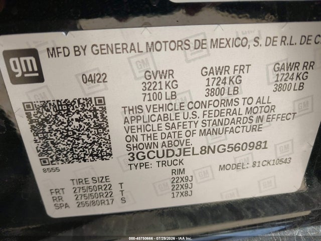 Продажа на аукционе авто 2022 Chevrolet Silverado 1500 4wd  Short Bed High Country, vin: 3GCUDJEL8NG560981, номер лота: 45750666