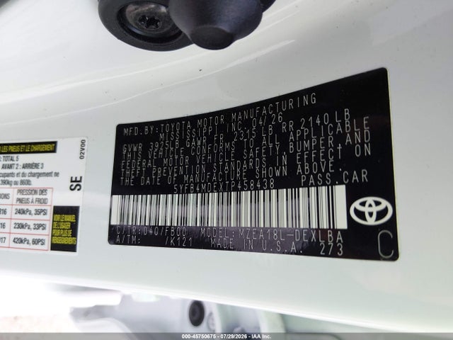 Aukcja sprzedaży 2026 Toyota Corolla Le, vin: 5YFB4MDEXTP458438, numer aukcji: 45750675