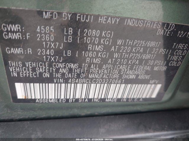 Aukcja sprzedaży 2013 Subaru Outback 2.5i Limited, vin: 4S4BRCLC2D3270661, numer aukcji: 45750676