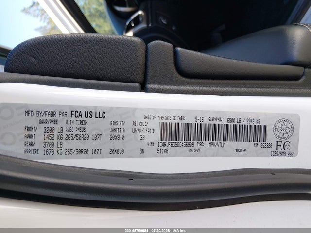 45750684 :رقم المزاد ، 1C4RJFBG5GC456909 vin ، 2016 Jeep Grand Cherokee Limited مزاد بيع