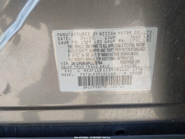 Aukcja sprzedaży 2023 Nissan Kicks S Xtronic Cvt, vin: 3N1CP5BV9PL528764, numer aukcji: 45750693