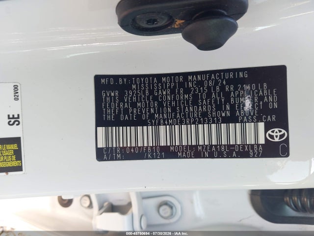 45750694 :رقم المزاد ، 5YFB4MDE3RP213313 vin ، 2024 Toyota Corolla Le مزاد بيع