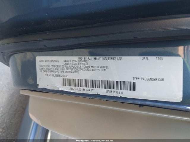 Продаж на аукціоні авто 2006 Subaru Legacy 2.5i/2.5i Limited, vin: 4S3BL626867210432, номер лоту: 45750711
