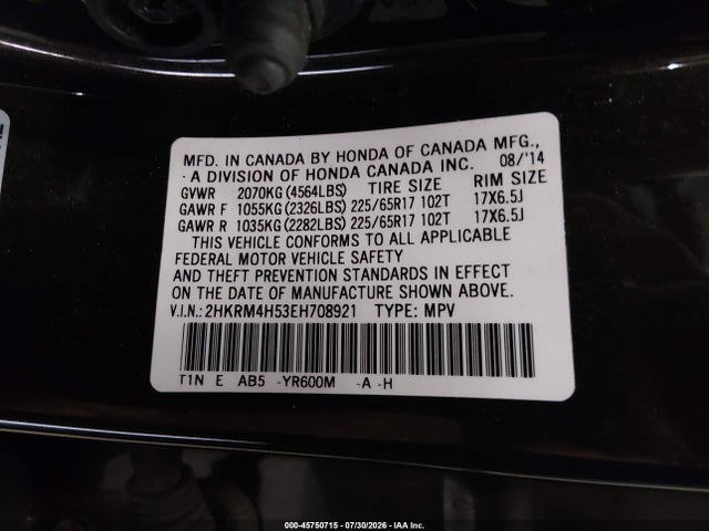 45750715 :رقم المزاد ، 2HKRM4H53EH708921 vin ، 2014 Honda Cr-v Ex مزاد بيع