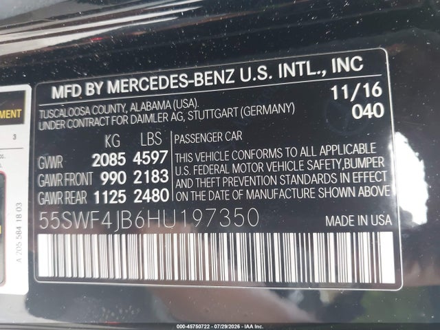 Продаж на аукціоні авто 2017 Mercedes-benz C 300, vin: 55SWF4JB6HU197350, номер лоту: 45750722