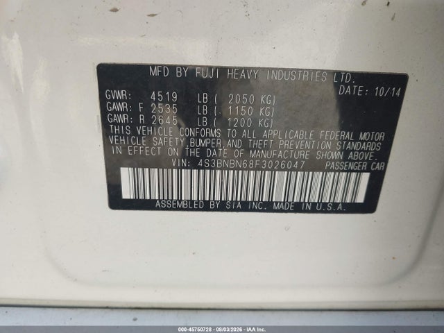 45750728 :رقم المزاد ، 4S3BNBN68F3026047 vin ، 2015 Subaru Legacy 2.5i Limited مزاد بيع
