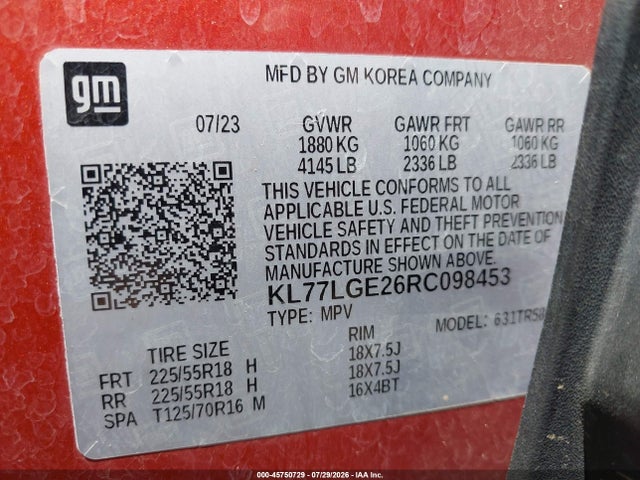 Aukcja sprzedaży 2024 Chevrolet Trax Fwd 1rs, vin: KL77LGE26RC098453, numer aukcji: 45750729
